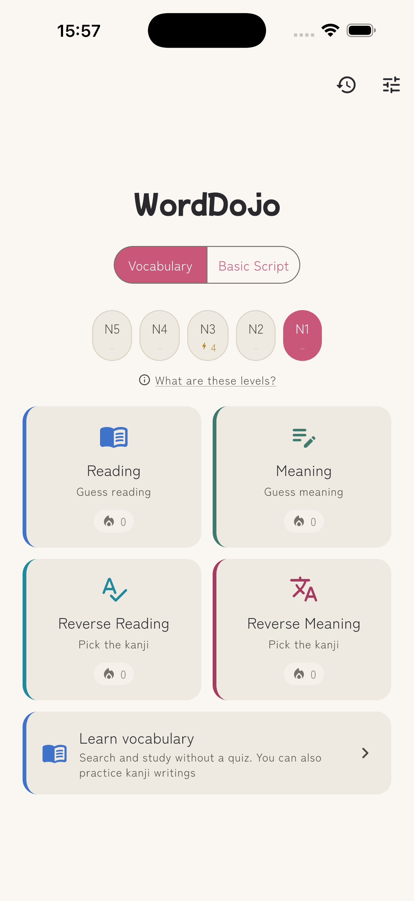 Mode selection: Hiragana, Katakana, and JLPT N5–N1